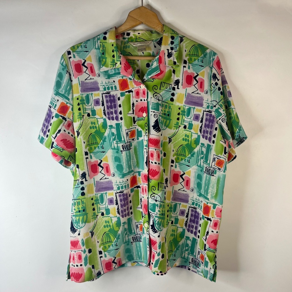 Allison Daley Button Up Blouse Womens 16 Multicolor Abstract Plisse Short Sleeve